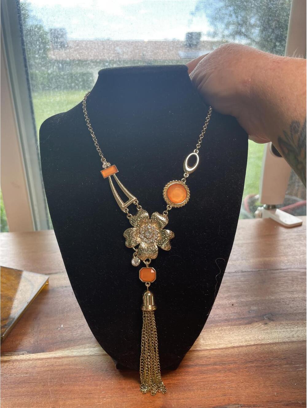 Vintage Gold Metal and Orange Unique Bauble Necklace